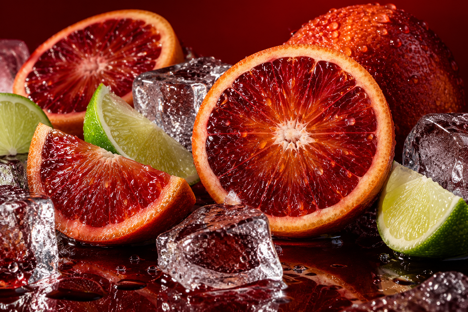 Blood orange, lime and glistening ice in rich red studio light
